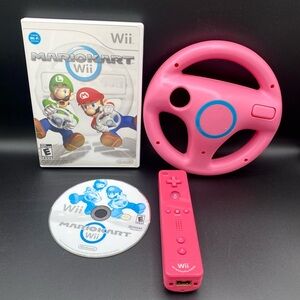 Nintendo Wii Mario Kart with Wireless Controller & Wheel Pink Video Game - WORKS